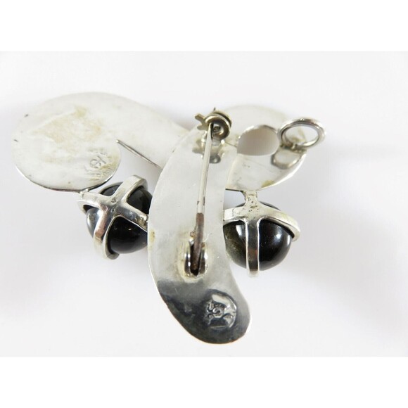 Fetching Modernist Swirling Silver & Onyx Brooch Pendant Taxco TC Conjoined Old - Picture 6 of 8